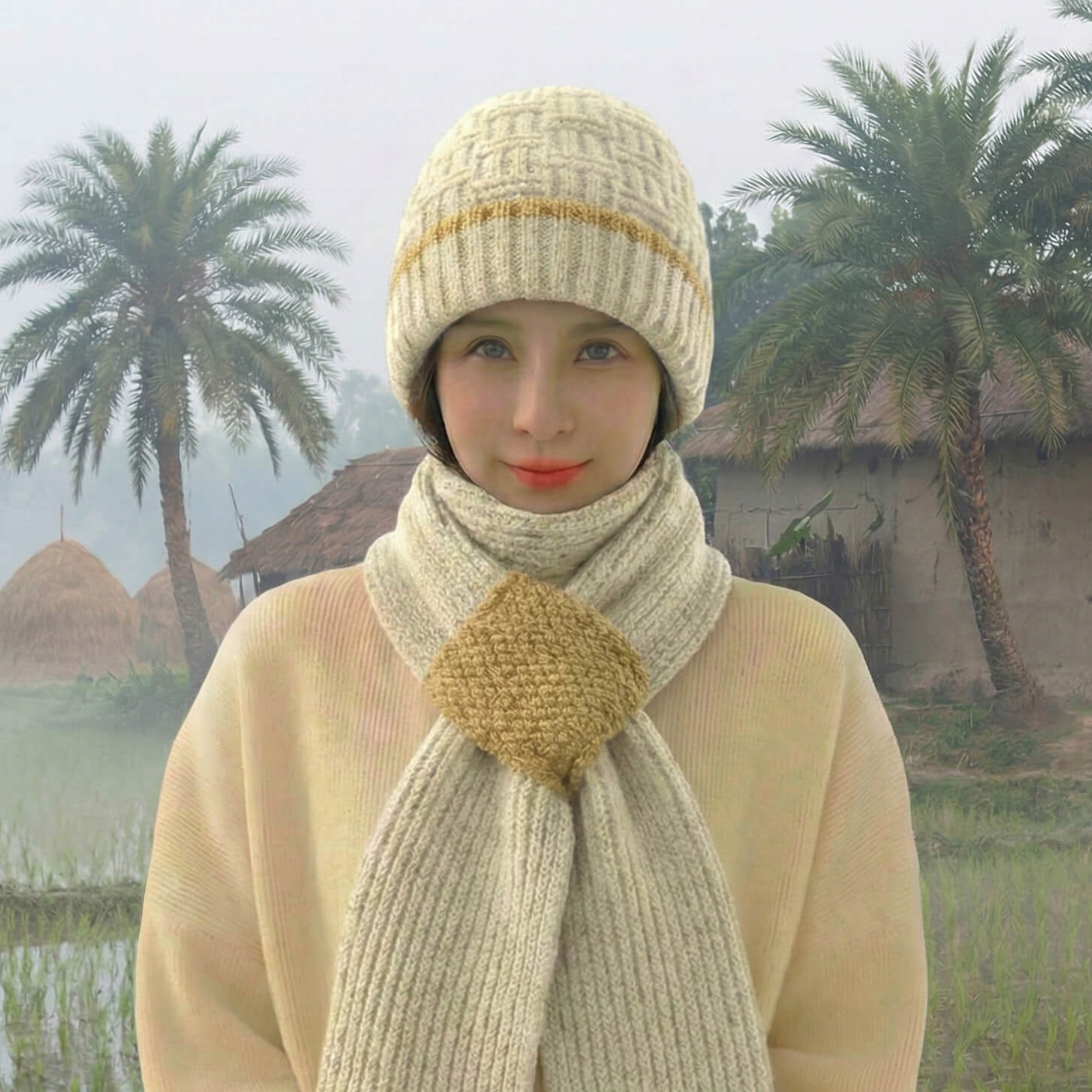 Windproof Cap With Scarf Cream & Golden)