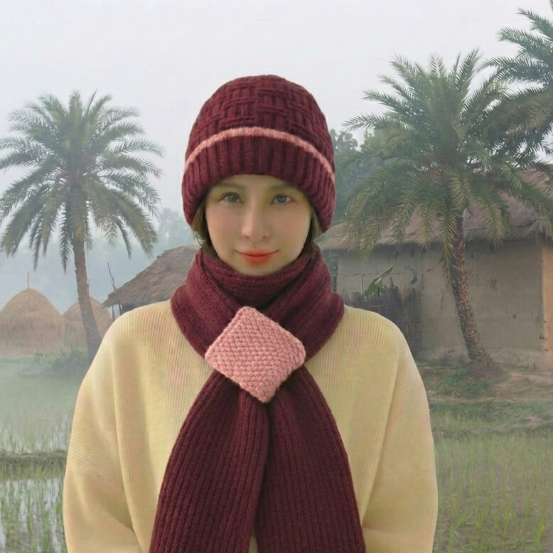 Windproof Cap with Scarf (Merun & Pink)
