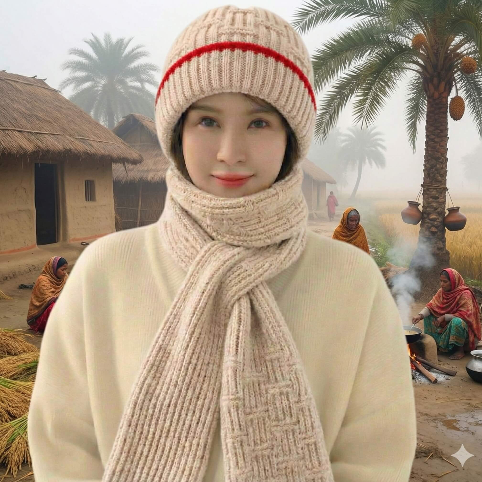 Windproof Cap with Scarf (Brown & Red)
