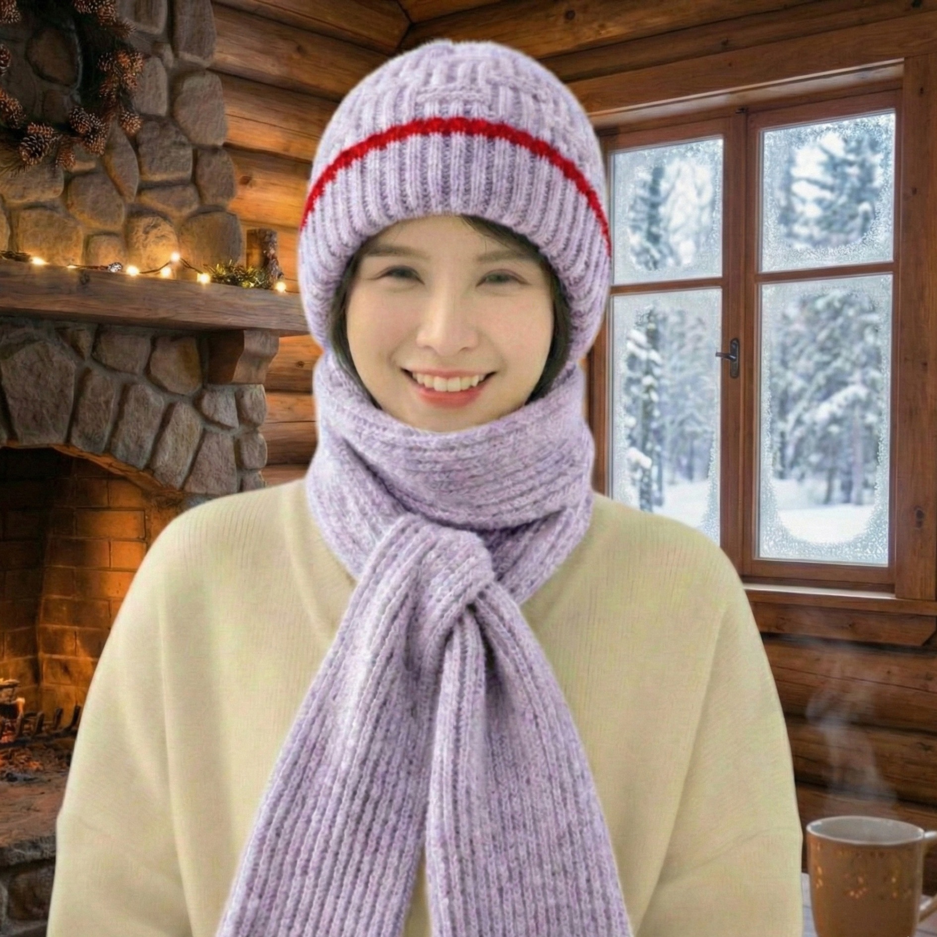Windproof Cap with Scarf( Lavender & Red)