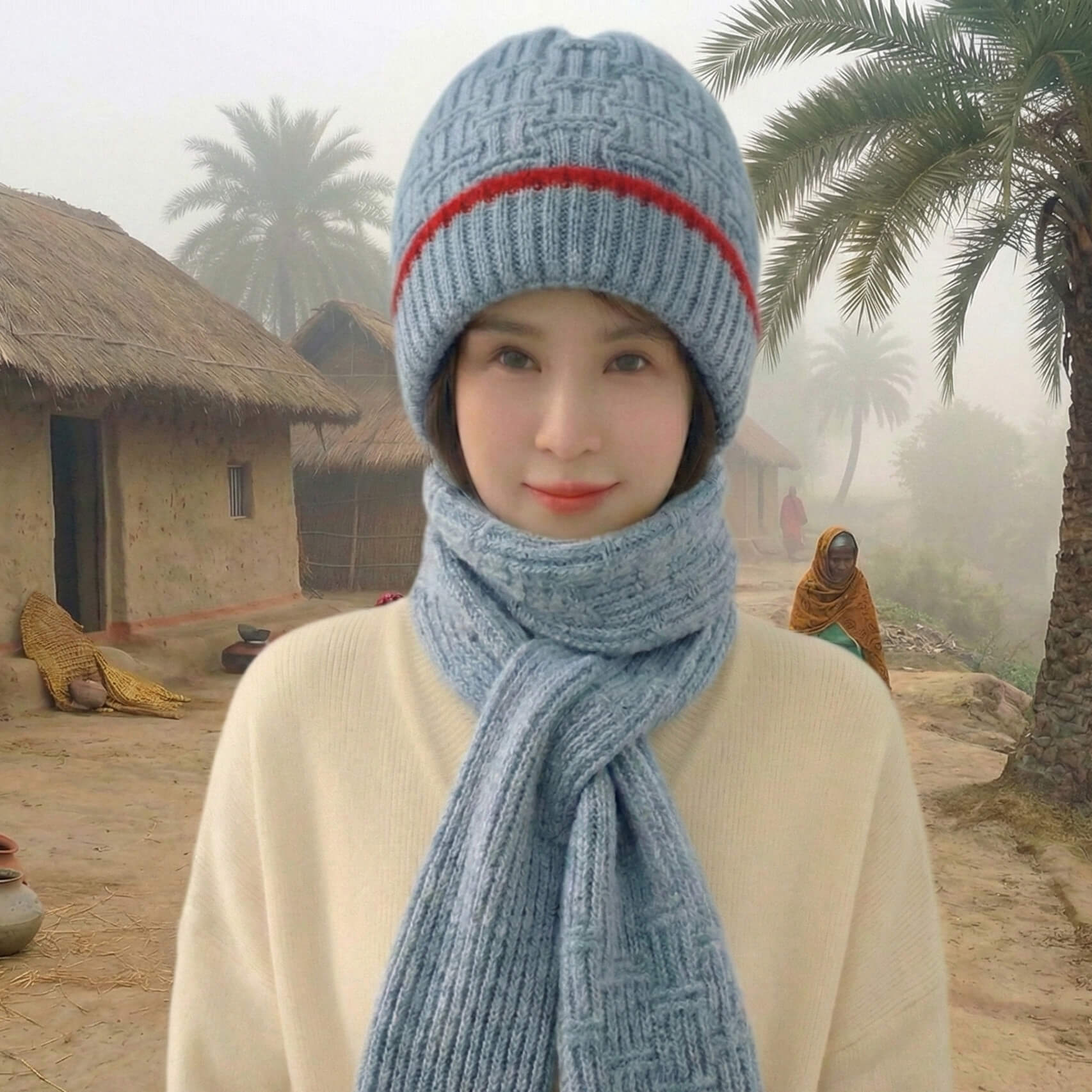 Windproof Cap with Scarf (Bluish Grey & Red)